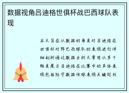 数据视角吕迪格世俱杯战巴西球队表现