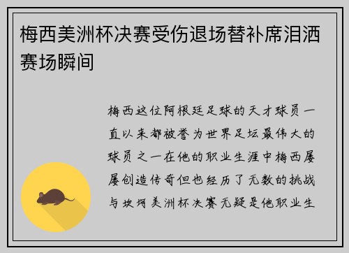 梅西美洲杯决赛受伤退场替补席泪洒赛场瞬间