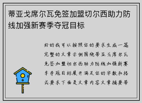 蒂亚戈席尔瓦免签加盟切尔西助力防线加强新赛季夺冠目标